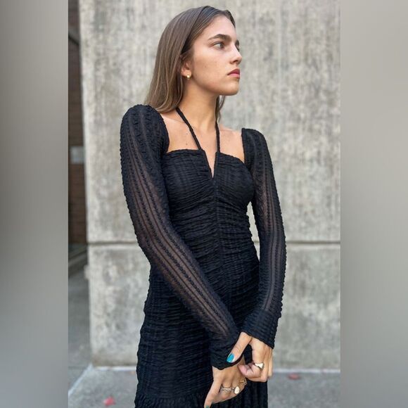 Ganni Midi Black Dress Ruched Stretch-Cloqué Size 10 - Picture 9 of 17